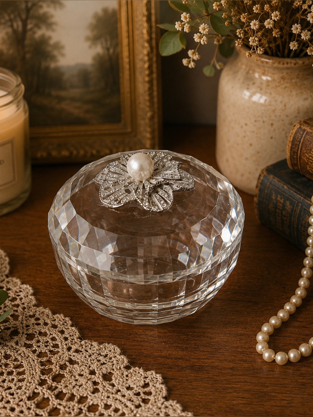 Crystal Trinket Box with Floral Pearl Lid Clear Glass Jewelry Box Vanity Decor